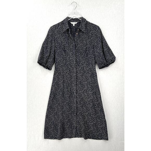 LK BENNET Tillila Silk Star Print Tea Dress Women 4 Navy Blue Beige Puff Sleeve - Picture 7 of 16